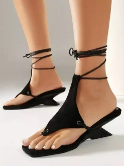 Black Wedge Sandals Women's Thong Lace Up Designed Heel Sandals