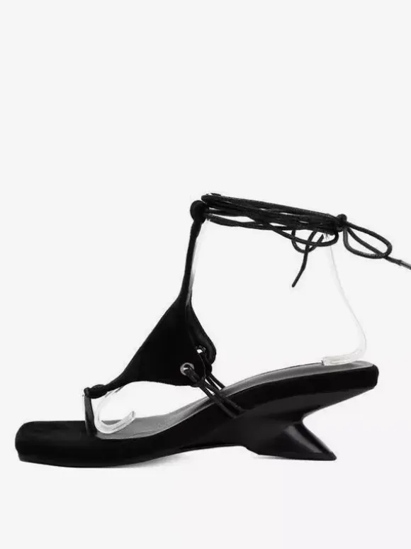 Black Wedge Sandals Women's Thong Lace Up Designed Heel Sandals