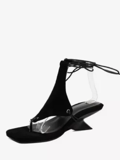 Black Wedge Sandals Women's Thong Lace Up Designed Heel Sandals