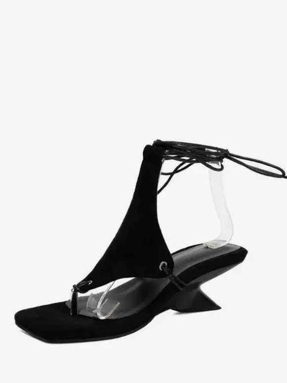Black Wedge Sandals Women's Thong Lace Up Designed Heel Sandals
