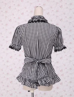 Black White Gingham Lolita Blouse Short Sleeves Ruffles Lace Trim