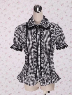 Black White Gingham Lolita Blouse Short Sleeves Ruffles Lace Trim