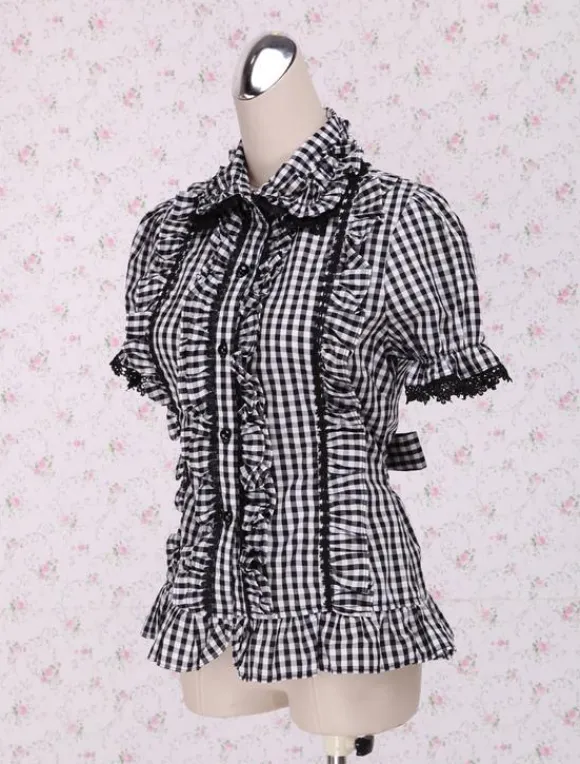 Black White Gingham Lolita Blouse Short Sleeves Ruffles Lace Trim
