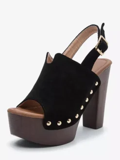 Black Women's Clogs Peep Toe Stud Chunky Heel Slingback Sandals