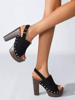 Black Women's Clogs Peep Toe Stud Chunky Heel Slingback Sandals