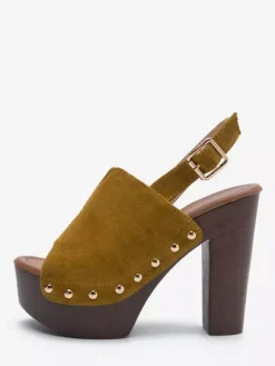 Black Women's Clogs Peep Toe Stud Chunky Heel Slingback Sandals