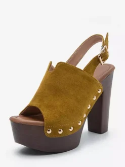 Black Women's Clogs Peep Toe Stud Chunky Heel Slingback Sandals