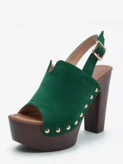 Black Women's Clogs Peep Toe Stud Chunky Heel Slingback Sandals