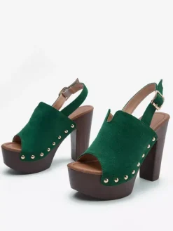 Black Women's Clogs Peep Toe Stud Chunky Heel Slingback Sandals