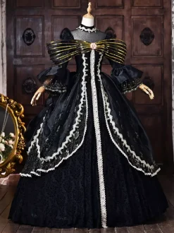 Black Women's Victorian Rococo Dress Golden Bow Flares Sleeves Lace Vintage Retro Dress