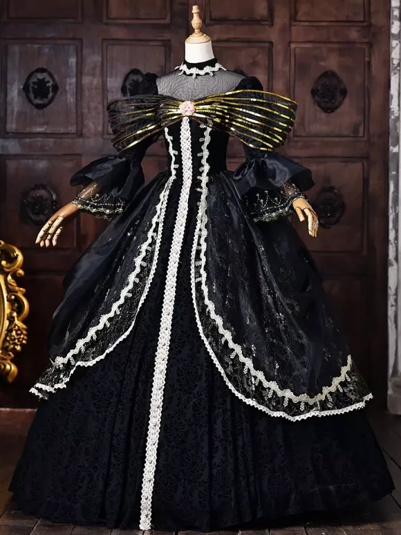 Black Women's Victorian Rococo Dress Golden Bow Flares Sleeves Lace Vintage Retro Dress