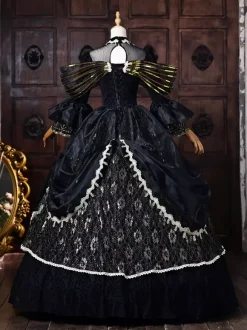 Black Women's Victorian Rococo Dress Golden Bow Flares Sleeves Lace Vintage Retro Dress