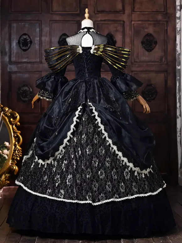 Black Women's Victorian Rococo Dress Golden Bow Flares Sleeves Lace Vintage Retro Dress