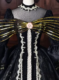 Black Women's Victorian Rococo Dress Golden Bow Flares Sleeves Lace Vintage Retro Dress