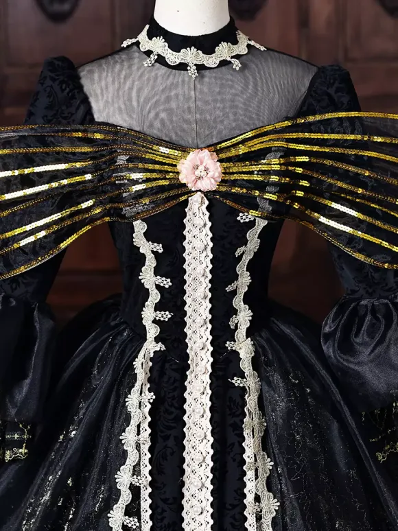 Black Women's Victorian Rococo Dress Golden Bow Flares Sleeves Lace Vintage Retro Dress