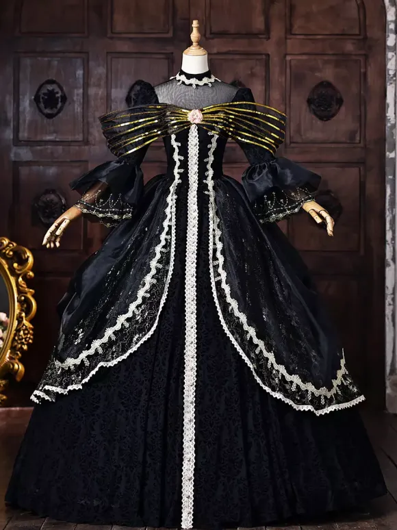 Black Women's Victorian Rococo Dress Golden Bow Flares Sleeves Lace Vintage Retro Dress