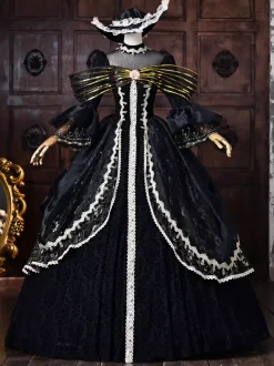 Black Women's Victorian Rococo Dress Golden Bow Flares Sleeves Lace Vintage Retro Dress