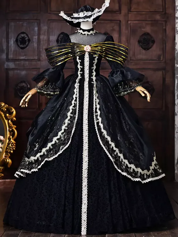 Black Women's Victorian Rococo Dress Golden Bow Flares Sleeves Lace Vintage Retro Dress
