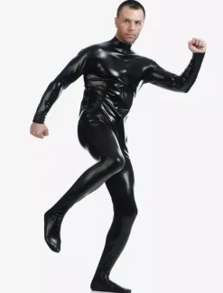 Black Adults Bodysuit Shiny Metallic Catsuit for Men