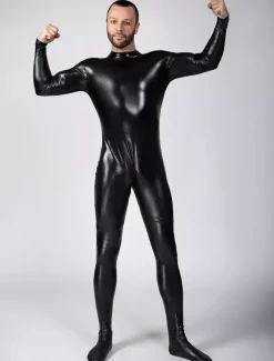 Black Adults Bodysuit Shiny Metallic Catsuit for Men