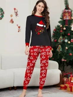 Black And Red Family Christmas Pajamas With Santa Hat Top And Ho Ho Ho Pants 2026