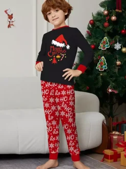 Black And Red Family Christmas Pajamas With Santa Hat Top And Ho Ho Ho Pants 2026