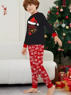 Black And Red Family Christmas Pajamas With Santa Hat Top And Ho Ho Ho Pants 2026