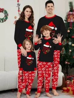 Black And Red Family Christmas Pajamas With Santa Hat Top And Ho Ho Ho Pants 2026