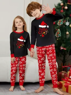 Black And Red Family Christmas Pajamas With Santa Hat Top And Ho Ho Ho Pants 2026