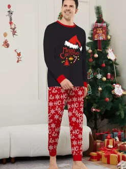 Black And Red Family Christmas Pajamas With Santa Hat Top And Ho Ho Ho Pants 2026