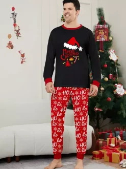 Black And Red Family Christmas Pajamas With Santa Hat Top And Ho Ho Ho Pants 2026