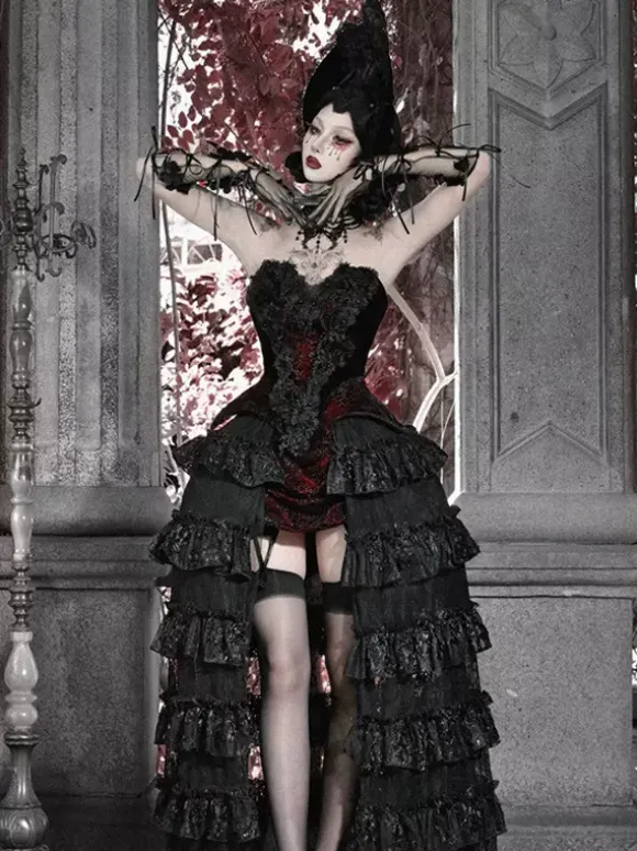 Black And Red Gothic Lolita SK Tiered High-Waisted Skirt Dramatic Train Lolita Skirt