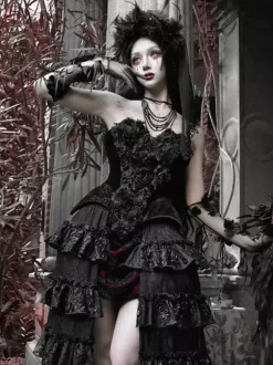 Black And Red Gothic Lolita SK Tiered High-Waisted Skirt Dramatic Train Lolita Skirt