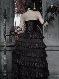 Black And Red Gothic Lolita SK Tiered High-Waisted Skirt Dramatic Train Lolita Skirt