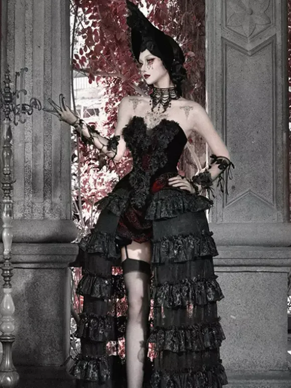 Black And Red Gothic Lolita SK Tiered High-Waisted Skirt Dramatic Train Lolita Skirt