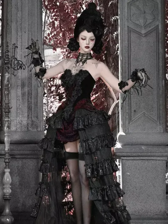 Black And Red Gothic Lolita SK Tiered High-Waisted Skirt Dramatic Train Lolita Skirt