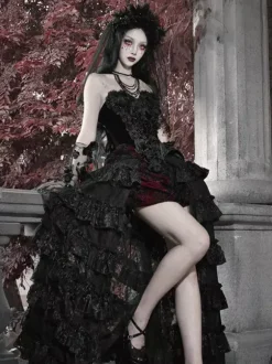 Black And Red Gothic Lolita SK Tiered High-Waisted Skirt Dramatic Train Lolita Skirt