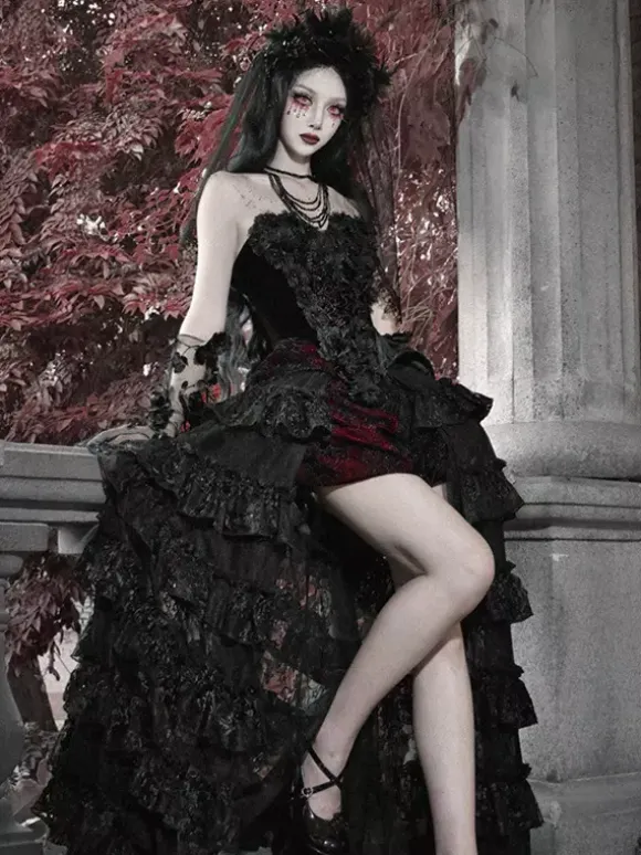 Black And Red Gothic Lolita SK Tiered High-Waisted Skirt Dramatic Train Lolita Skirt