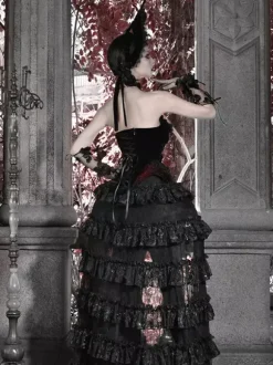Black And Red Gothic Lolita SK Tiered High-Waisted Skirt Dramatic Train Lolita Skirt