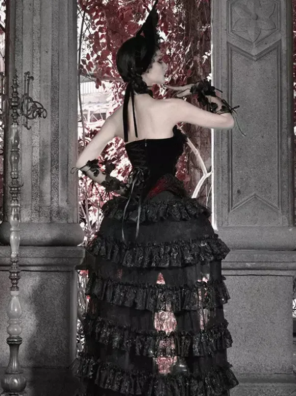 Black And Red Gothic Lolita SK Tiered High-Waisted Skirt Dramatic Train Lolita Skirt