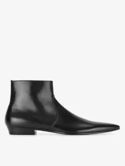 Black Ankle Boots Genuine Leather Pointed Toe Slip On Booties