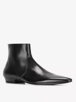 Black Ankle Boots Genuine Leather Pointed Toe Slip On Booties