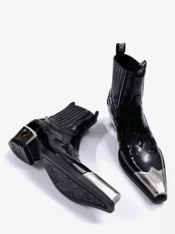 Black Ankle Boots Men's Pointed Toe Deisgned Chunky Heel Booties