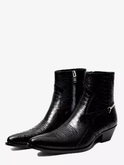 Black Ankle Boots Men's Pointed Toe Snake Pattern Chain Detail Booties