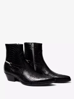 Black Ankle Boots Men's Pointed Toe Snake Pattern Chain Detail Booties