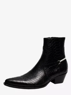 Black Ankle Boots Men's Pointed Toe Snake Pattern Chain Detail Booties