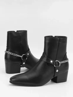 Black Ankle Boots Men's Round Toe Chain Detail Chunky Heel Booties