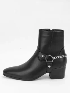 Black Ankle Boots Men's Round Toe Chain Detail Chunky Heel Booties