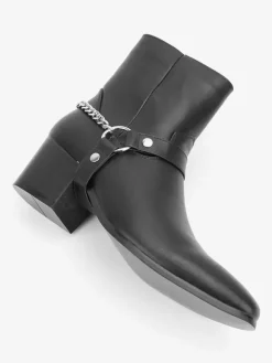 Black Ankle Boots Men's Round Toe Chain Detail Chunky Heel Booties