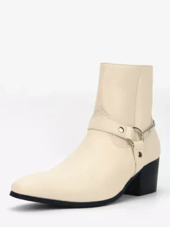 Black Ankle Boots Men's Round Toe Chain Detail Chunky Heel Booties